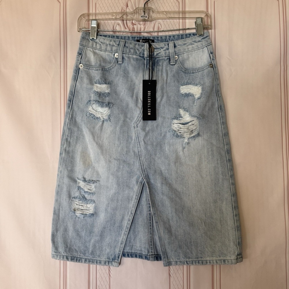 Dolls Kill Generation Kiss Distressed Denim Justina Midi Skirt Size XXS NWT Goth